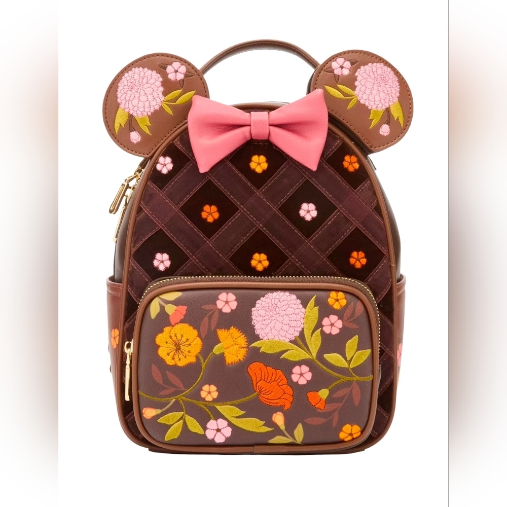 Disney Minnie Mouse Velvet Floral Interchangeable Ears Mini Backpack Wallet Set - Picture 6 of 6